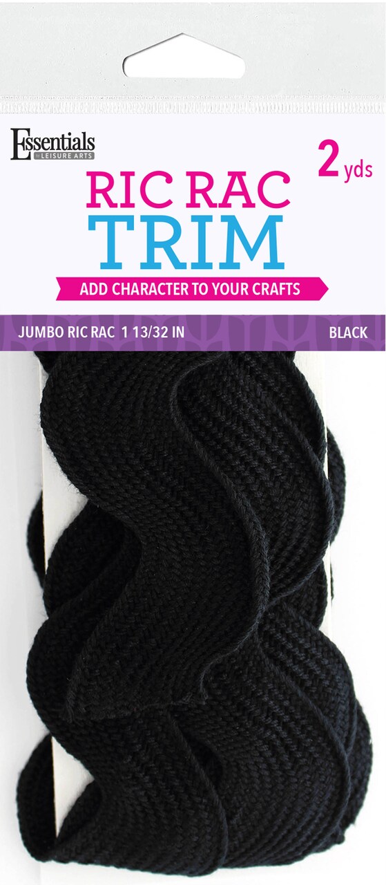 Essentials By Leisure Arts Ric Rac Jumbo 1 13/32" 2 Yards Black - Rick Rack Trim For Sewing - Wavy Ric Rac Trim For Sewing And Crafts Ribbon Rick Rack